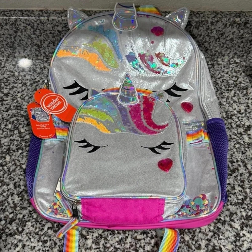 Wonder Nation Metallic Silver Rainbow Sequin Unicorn Backpack Lunch Box Set NWT